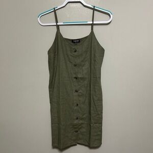 TIMING Women's Dress M Olive Green Linen Blend Button Front Sleeveless Lagenlook
